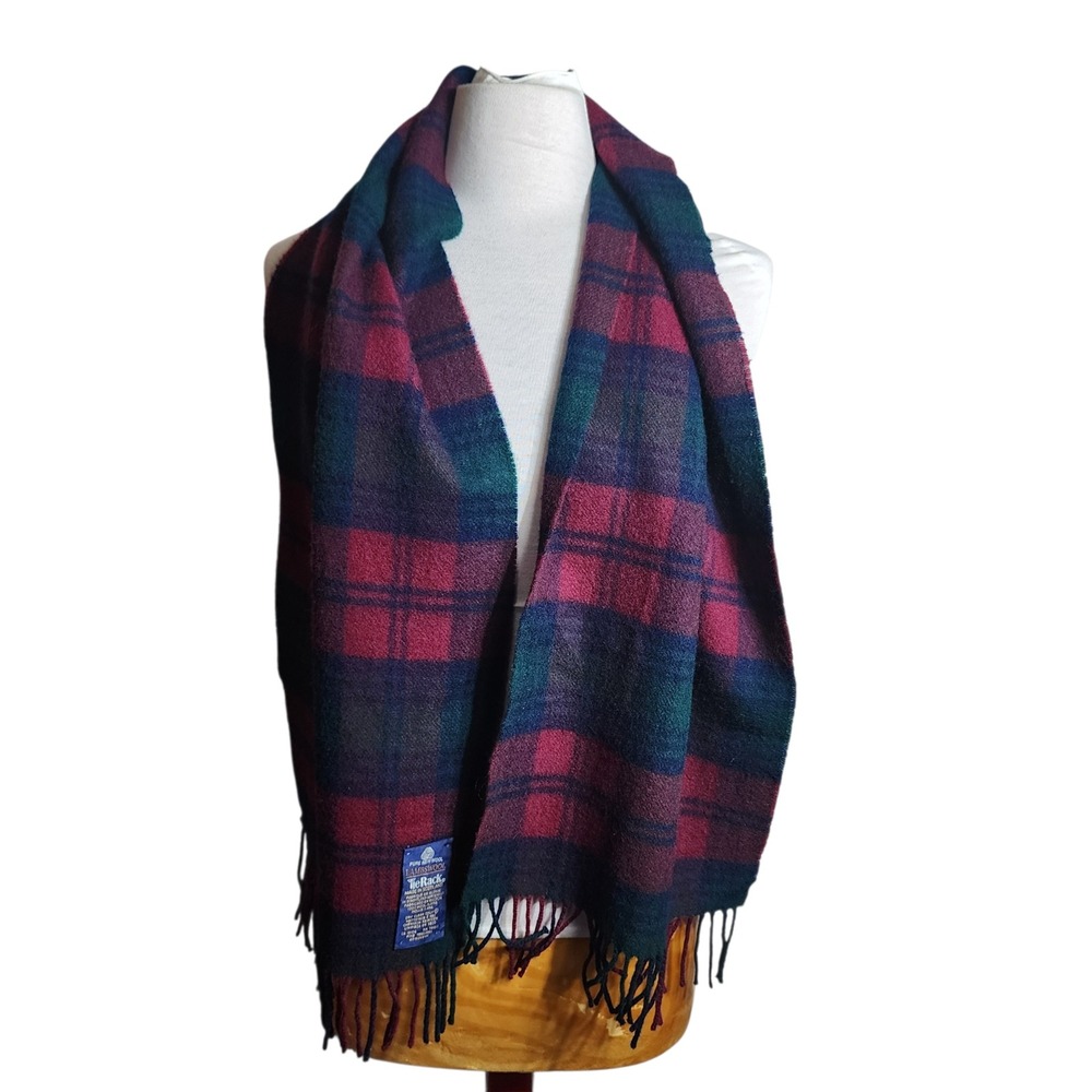 Tie‎ Rack Scotland Lambswool Scarf Plaid Burgundy Navy Green Fringed Made in UK